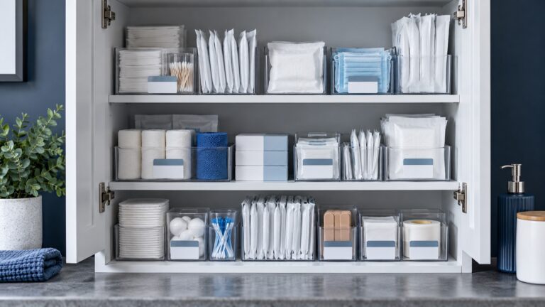 Illustration of a tidy supply cabinet with clear organizers
