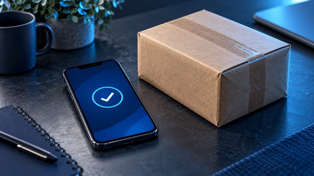 Phone displaying a confirmation check beside a parcel