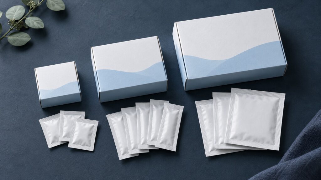 Three unbranded white and blue supply packs in different sizes