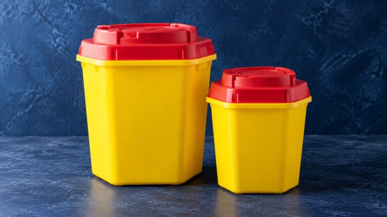 Illustration of two closed sharps containers in different sizes