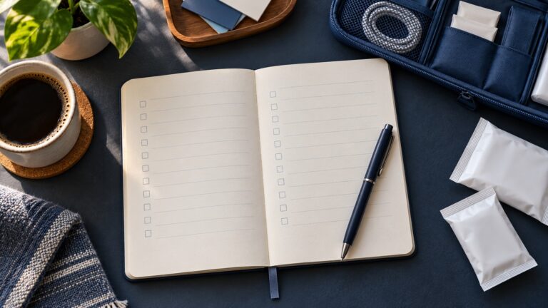 Shopping checklist notebook beside a pen and blue supply organizer
