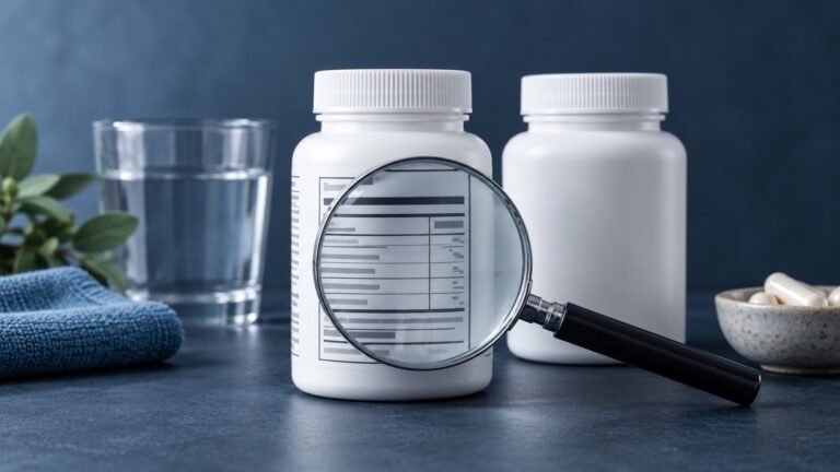Illustration of supplement labels viewed with a magnifying glass